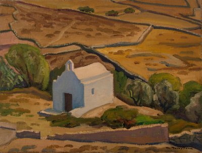 Serifos, Chapel from Above, Dry Fields, No Sky — Oil painting, Canvas, 46.00×61.00cm — Theodoros Markellos